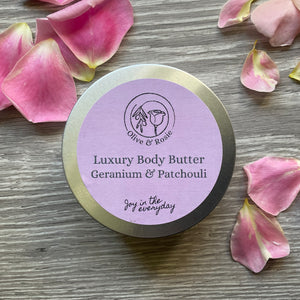 Olive & Rosie Luxury Body Butter, Geranium & Patchouli, handmade in Uk